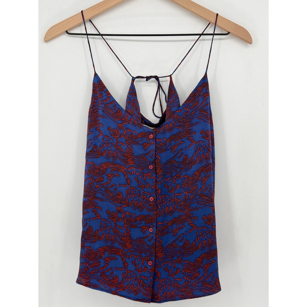 Metiseko 100% Natural Silk Camisole Top Size Large Blue Red Abstract Wave Button